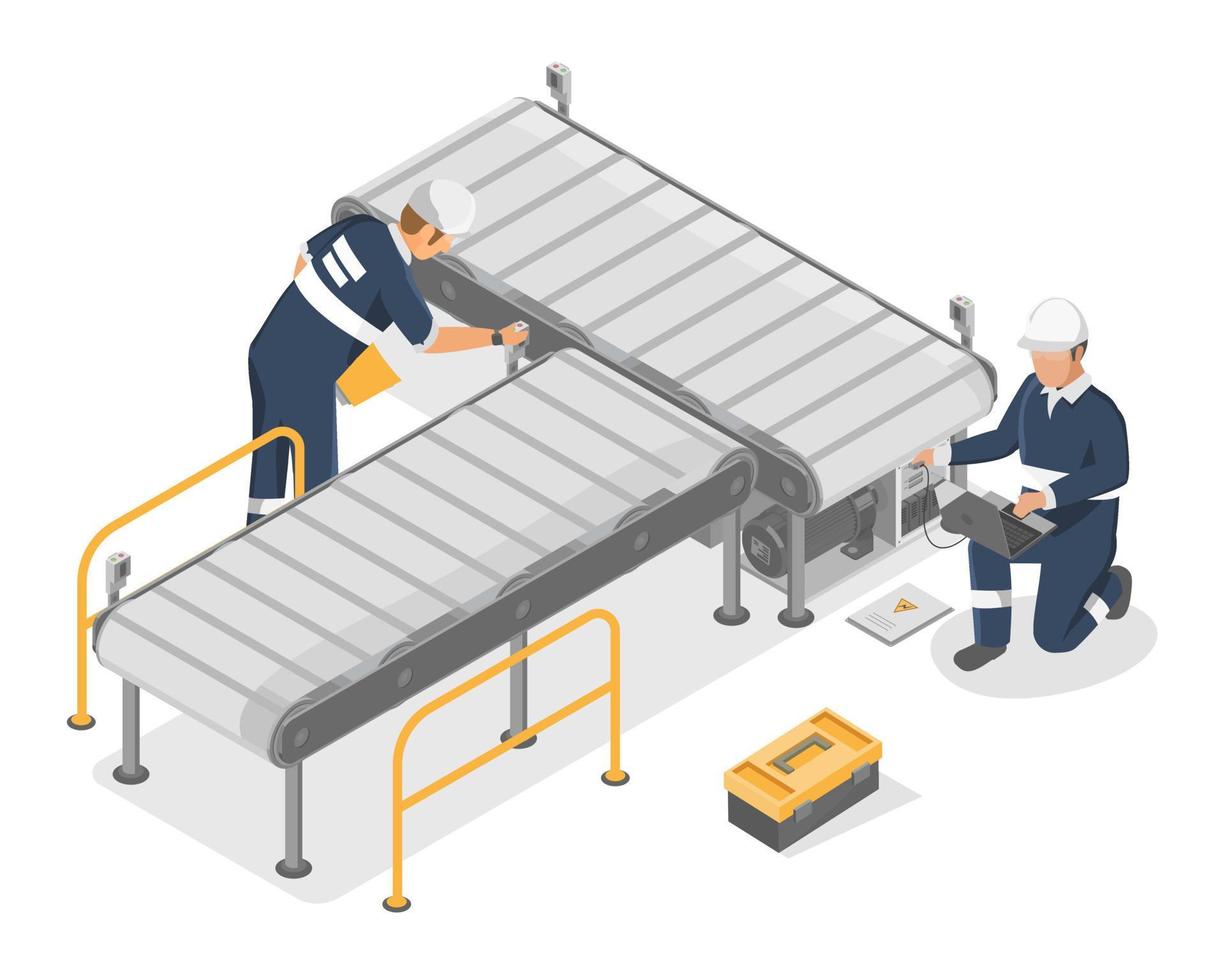 industrie productie lijn fabriek transportband technici bouwkunde controle onderhoud onderhoud technologie isometrische geïsoleerd vector