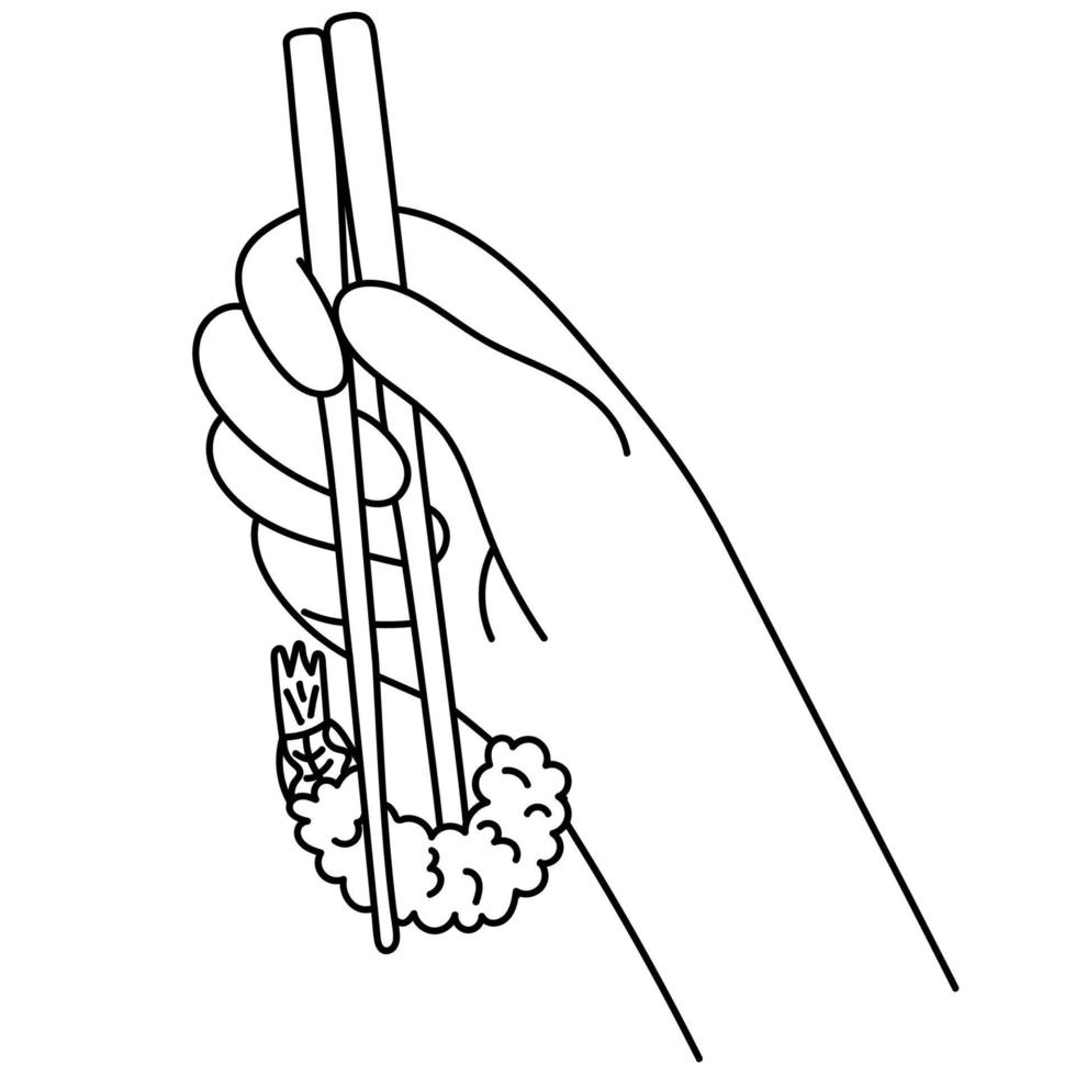 hand- Holding een eetstokjes met garnaal tempura.lijn kunst tempura illustratie. vector