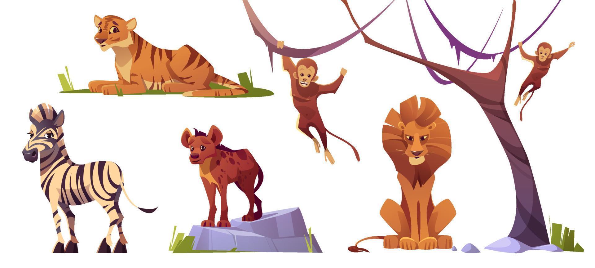 tekenfilm wild dieren tijger, apen, leeuw, hyena vector