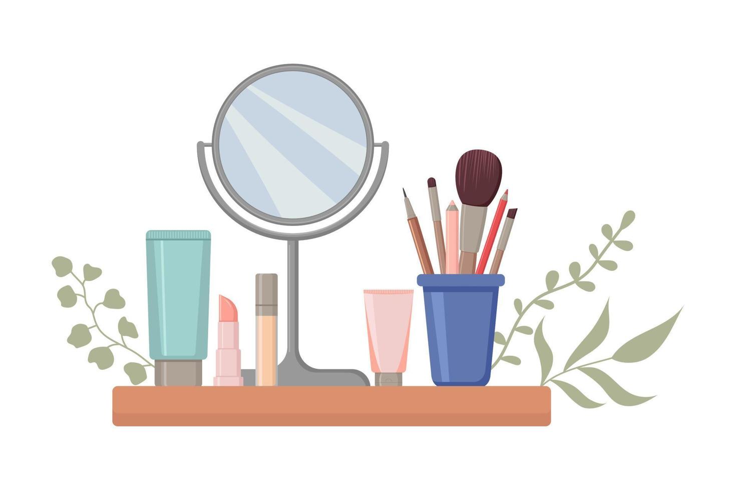 een reeks van decoratief schoonheidsmiddelen en een spiegel zijn Aan de plank. vector illustratie