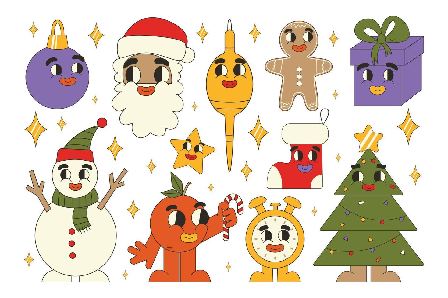 groovy Kerstmis stickers. de kerstman claus, Kerstmis boom, geschenken, peperkoek in modieus retro tekenfilm stijl. tekenfilm tekens en elementen. vector