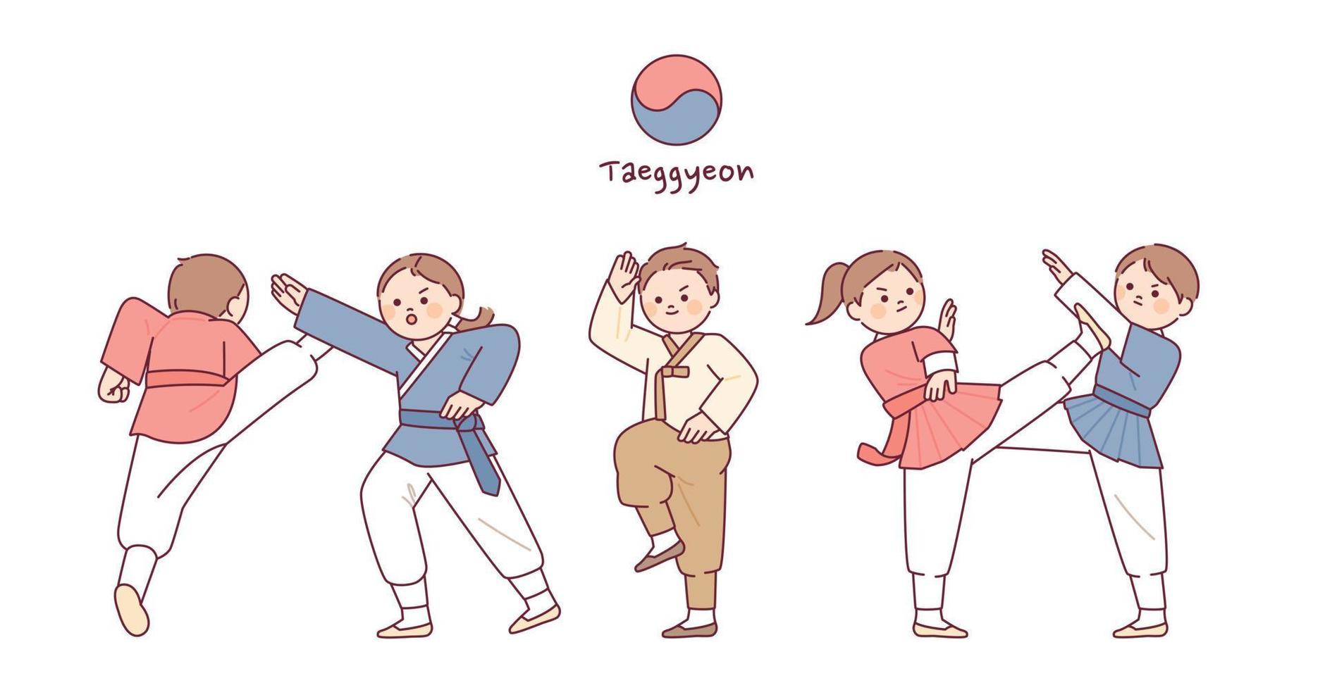 Koreaans traditioneel krijgshaftig kunsten. schattig tekens beoefenen taekkyeon. vector