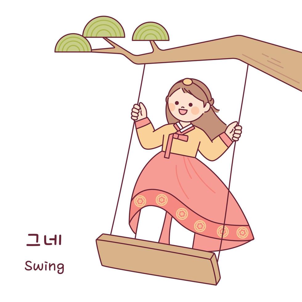 Koreaans traditioneel Speel. een meisje vervelend een hanbok is rijden Aan een schommel hangende van een boom. vector