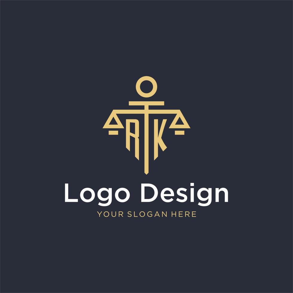 rk eerste monogram logo met schaal en pijler stijl ontwerp vector