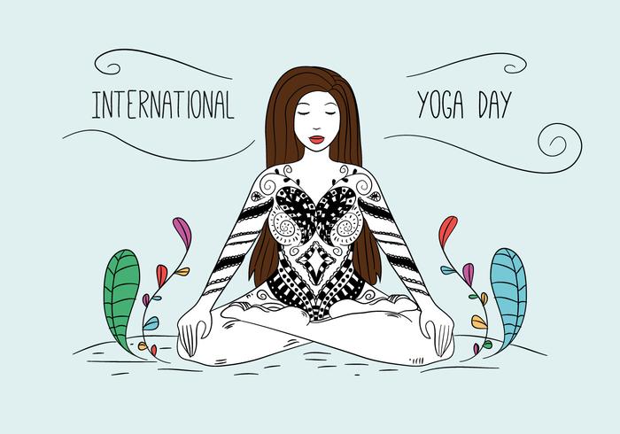 De Yoga Vrouw Stelt Met Ornamenten En Kleurrijke Bladeren vector