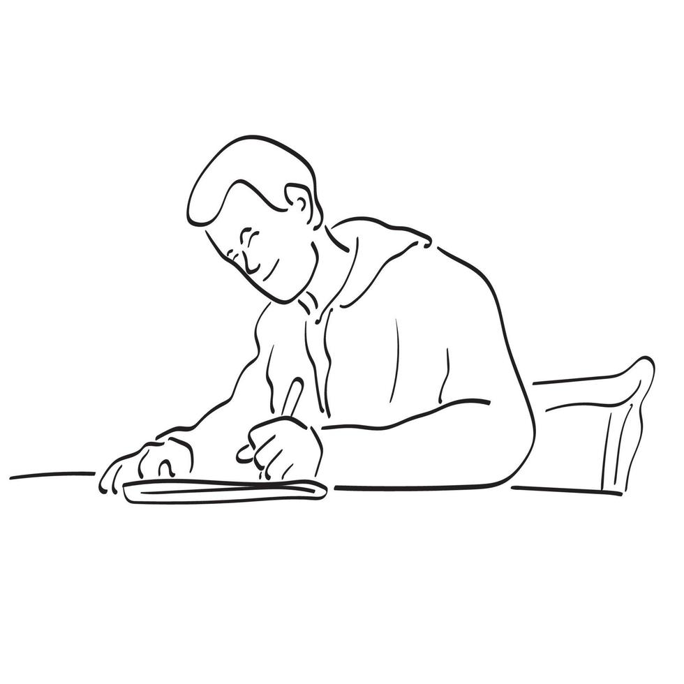 lijn kunst Mens schrijven papier Aan zijn tafel illustratie vector hand- getrokken geïsoleerd Aan wit achtergrond