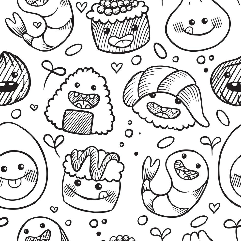 naadloos patroon met schattig tekeningen van Aziatisch keuken. Japans voedsel. grappig glimlachen karakters, kawaii. vector
