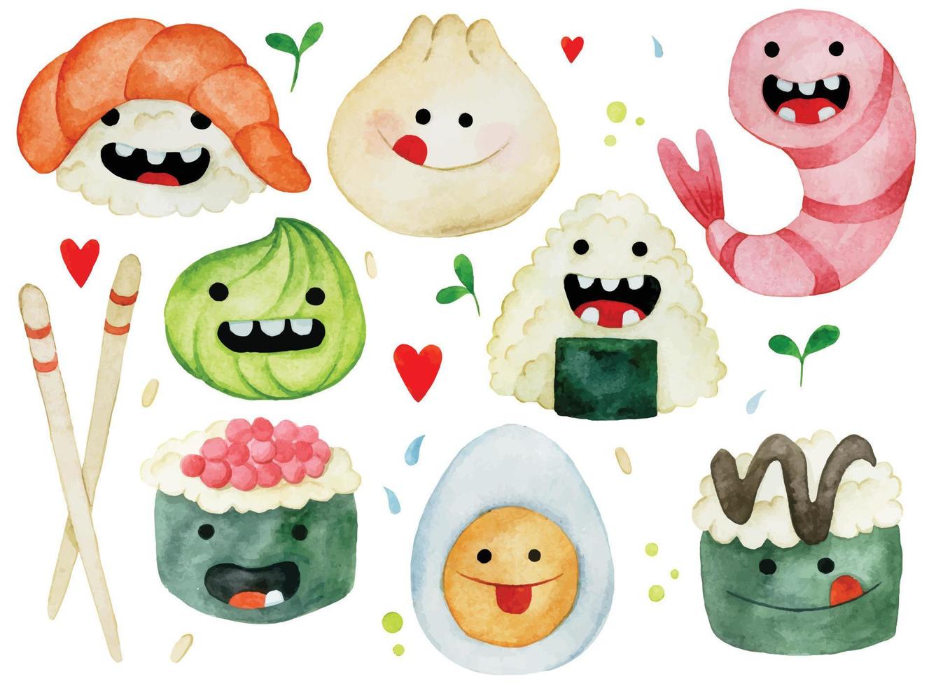 waterverf tekening. reeks van schattig Aziatisch voedsel karakters. grappig anigiri, sushi, broodjes. Japans voedsel vector
