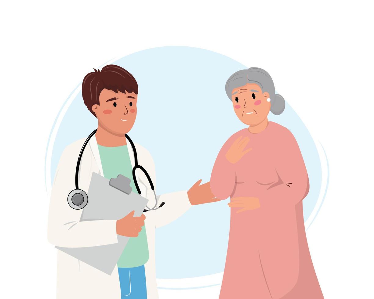 illustratie van de dokter en bejaarde vrouw pratend over haar problemen. verdrietig oud dame door dokter. Gezondheid zorg, kliniek, helpen, expertise, medisch behandeling concept illustratie. vector