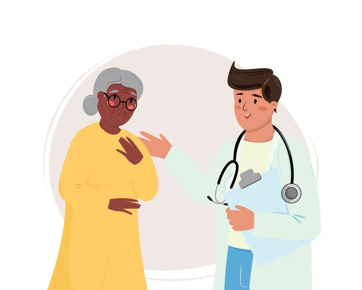 illustratie van een zwart ouderen vrouw pratend over haar problemen en symptomen naar de jong ondersteunen dokter. medisch, geneesmiddel, gezondheidszorg, ouderen zorg concept illustratie. vector