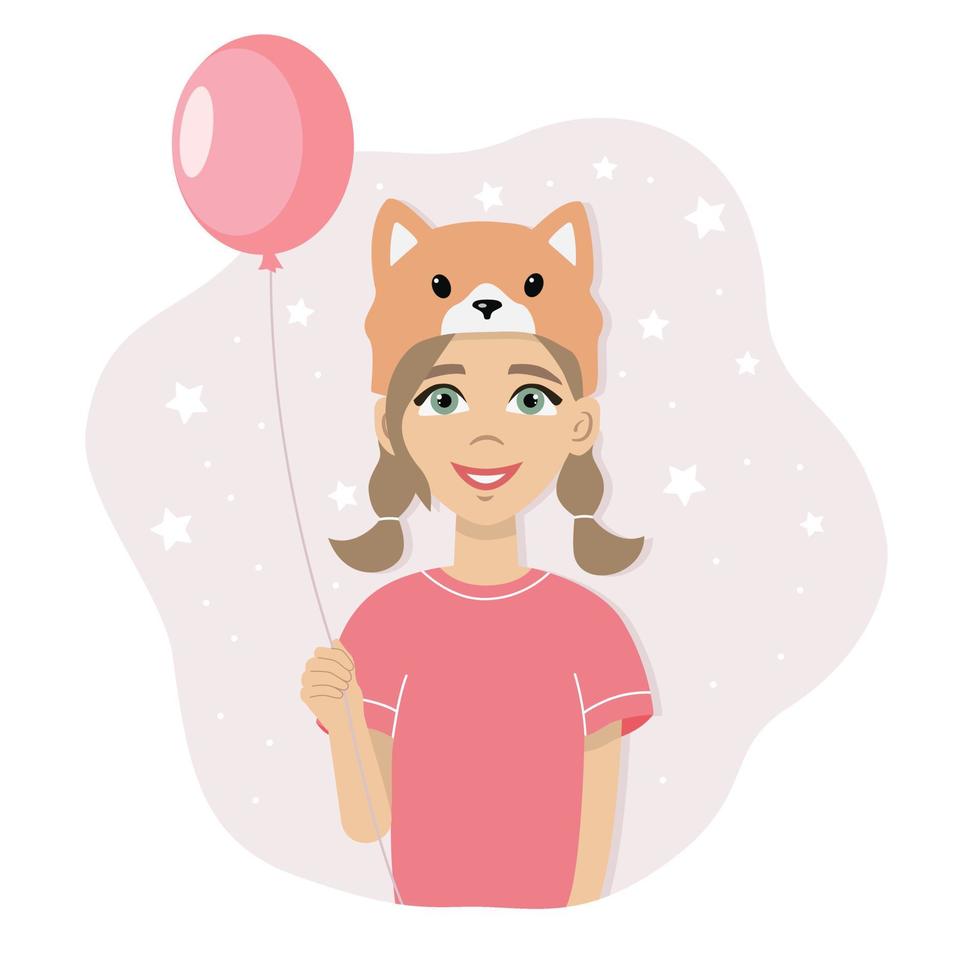 schattig tekenfilm meisje in een hoed met roze ballon. gelukkig kind in een vos kap. glimlachen karakter van een kind in een grappig verjaardag feest. portret vector illustratie geïsoleerd Aan de wit achtergrond