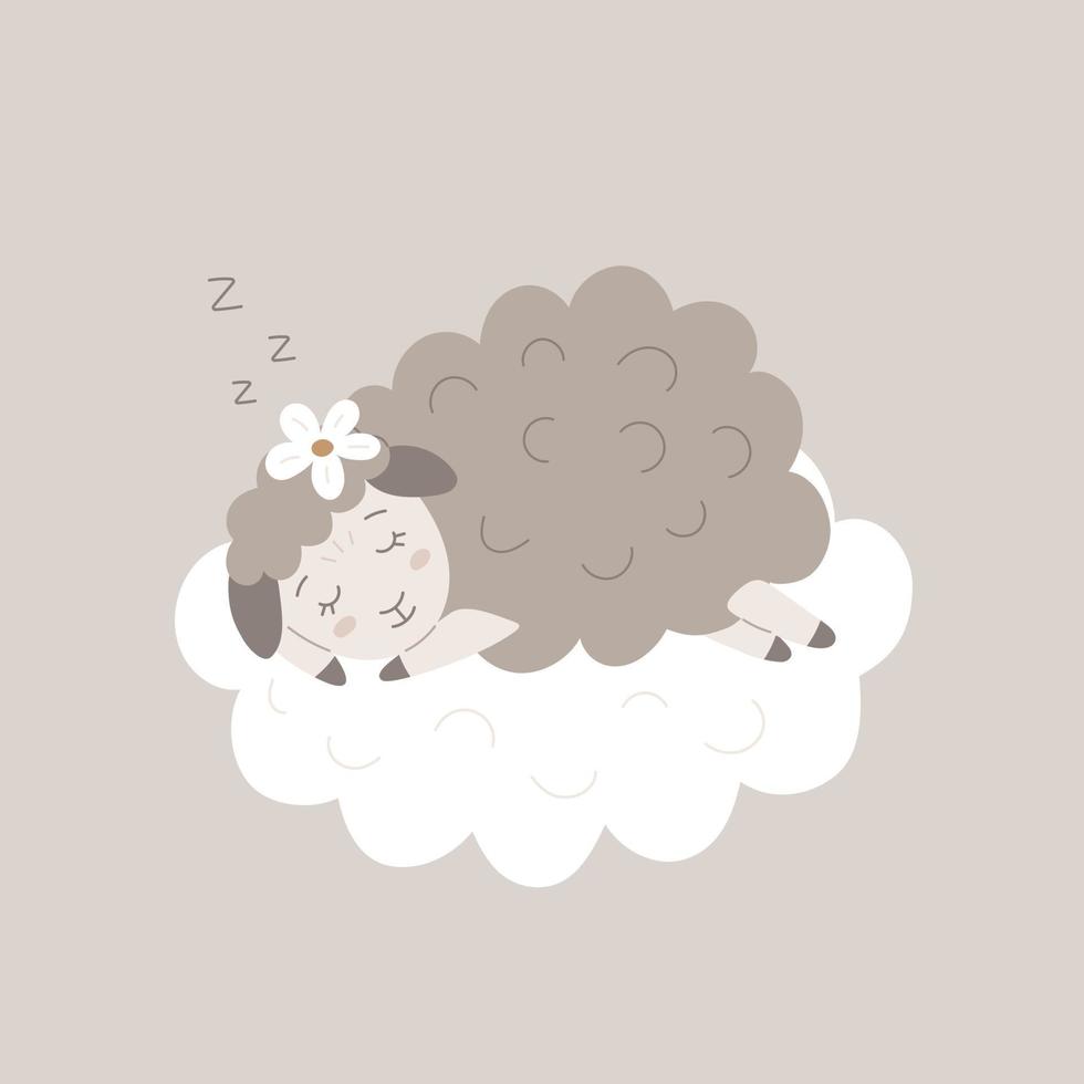 schattig weinig schapen slapen Aan de wolk. vlak lam illustratie voor kinderen mooi zo nacht. zoet dier dromen voor kinderen bedtijd afdrukken, ansichtkaarten, kleding, affiches, textiel vector
