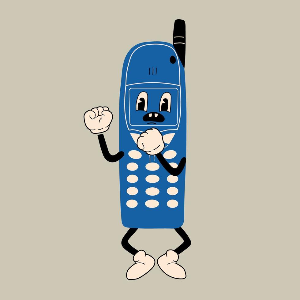 oud telefoon met antenne. schattig tekenfilm karakter met handen, poten, ogen. retro grappig stijl. hand- getrokken geïsoleerd vector illustratie. afdrukken, logo sjabloon