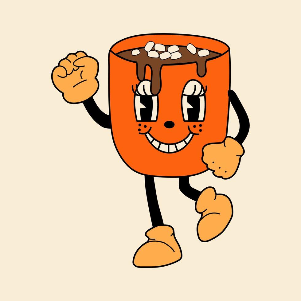 retro kop van heet drinken Jaren 30 tekenfilm mascotte karakter -. jaren 40, jaren 50, Jaren 60 oud animatie stijl. wijnoogst grappig winter cafe, Kerstmis drinken advertentie, vector. Vrolijk, glimlach emoties. vector