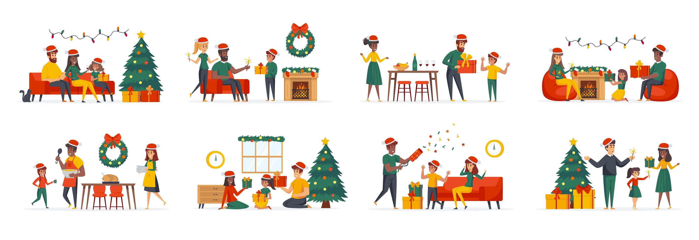 kerstfamiliebundel van scènes met karakters van platte mensen vector