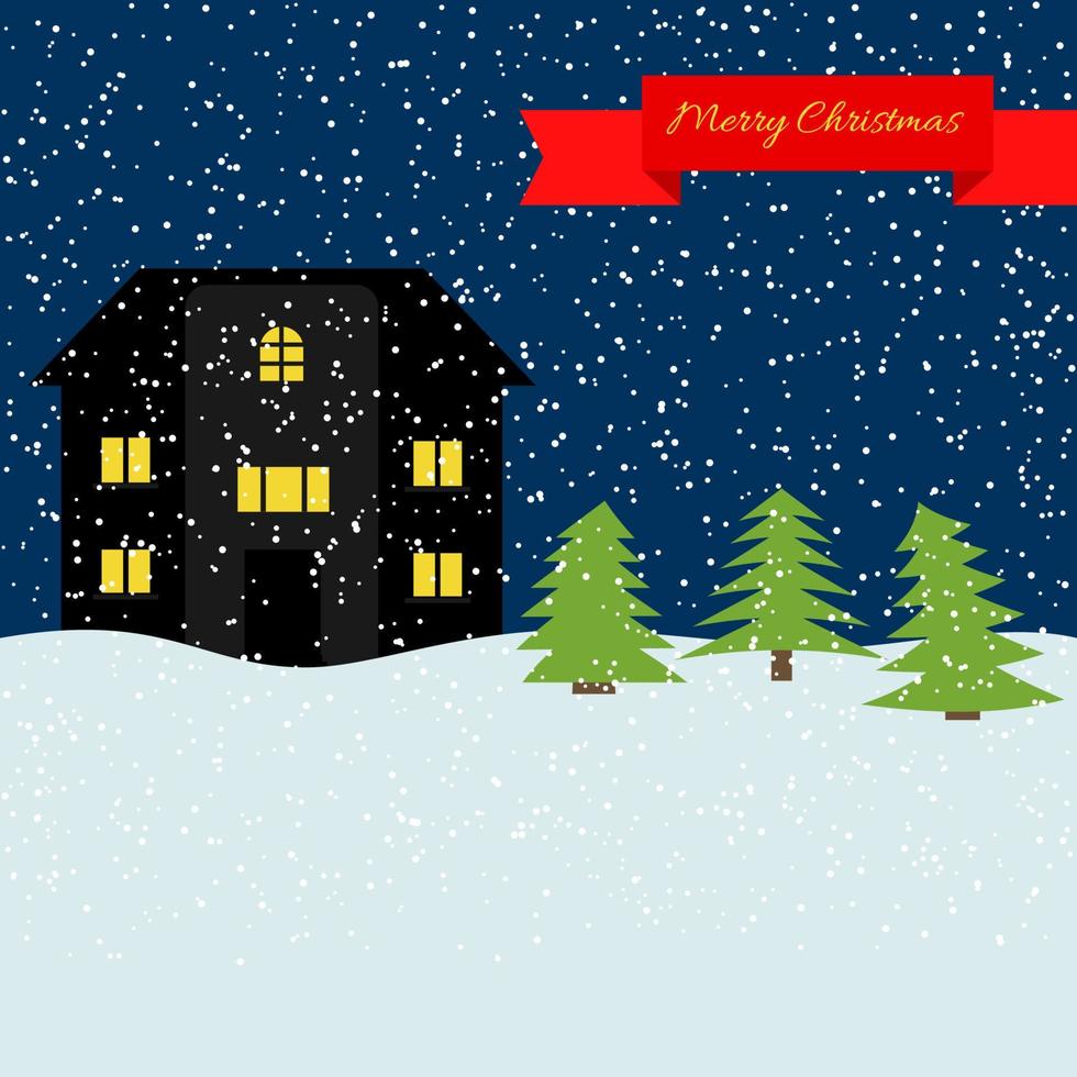 winter nacht met eenzaam huis en vallend sneeuw en een rood lint met de opschrift gelukkig kerstmis. vector illustratie.