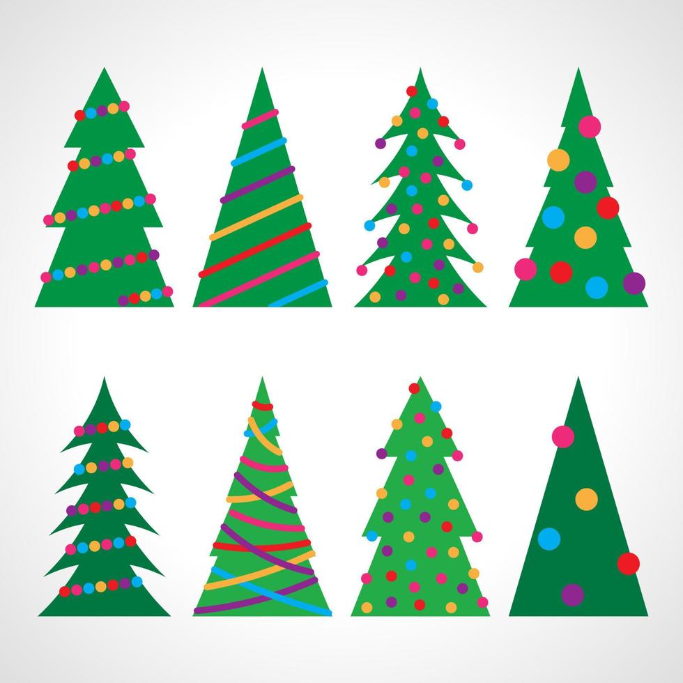 reeks van acht Kerstmis bomen met Kerstmis ballen en decoraties. vector illustratie.