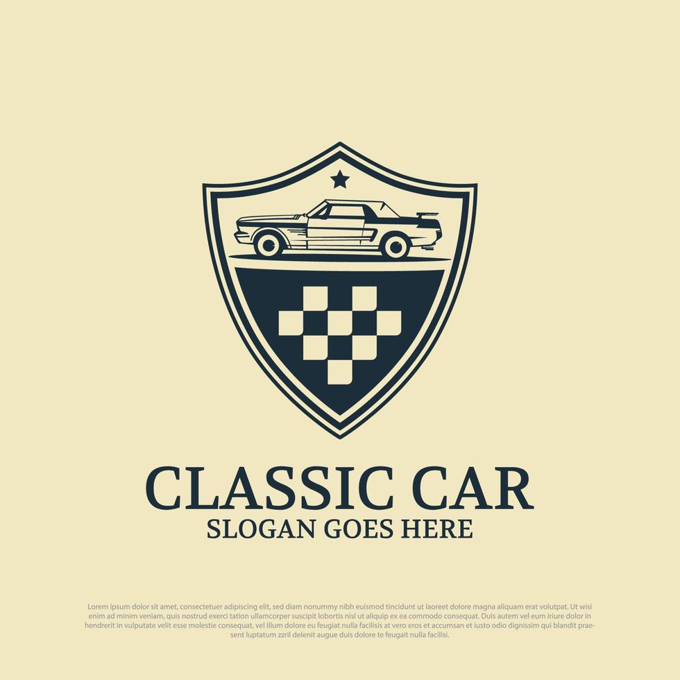 racing klassiek auto logo ontwerp insigne, onderhoud oud auto logo ontwerp premie vector