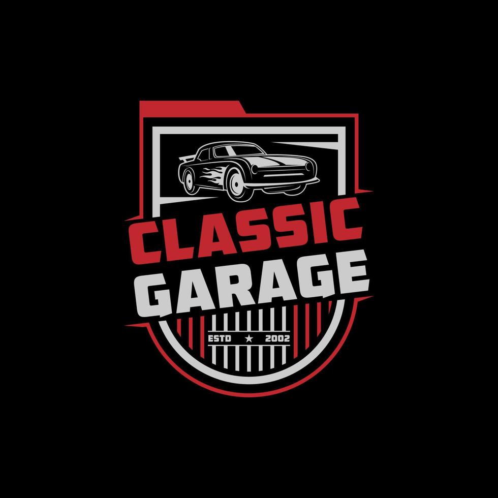 automotive klassiek auto garage logo vector, reparatie en wijziging auto logo sjabloon met rustiek, vintage, retro vector