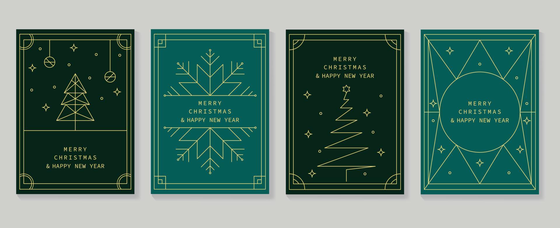 reeks van luxe Kerstmis en nieuw jaar kaart kunst deco ontwerp vector. snuisterij, sneeuwvlok, fonkeling, Kerstmis boom met goud lijn kunst. ontwerp illustratie voor omslag, groet kaart, afdrukken, na, website. vector