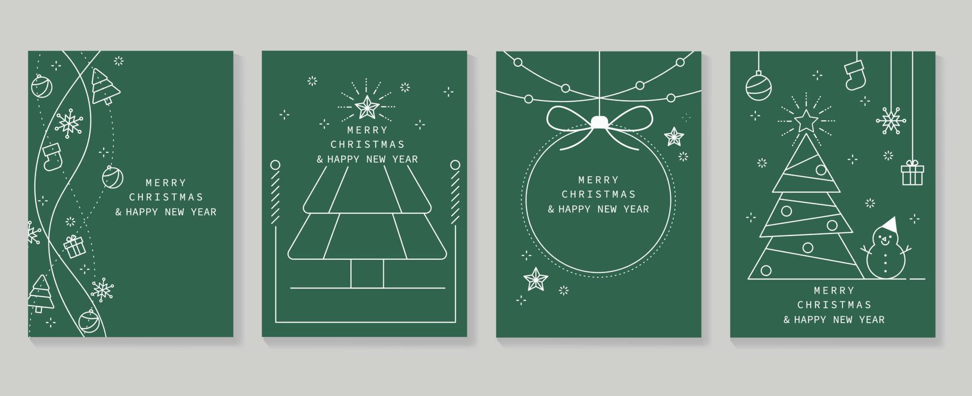 reeks van luxe Kerstmis en nieuw jaar kaart kunst deco ontwerp vector. Kerstmis element wit lijn van bal, boom, sneeuwman, geschenk Aan groen achtergrond. ontwerp voor omslag, groet kaart, afdrukken, na, website. vector