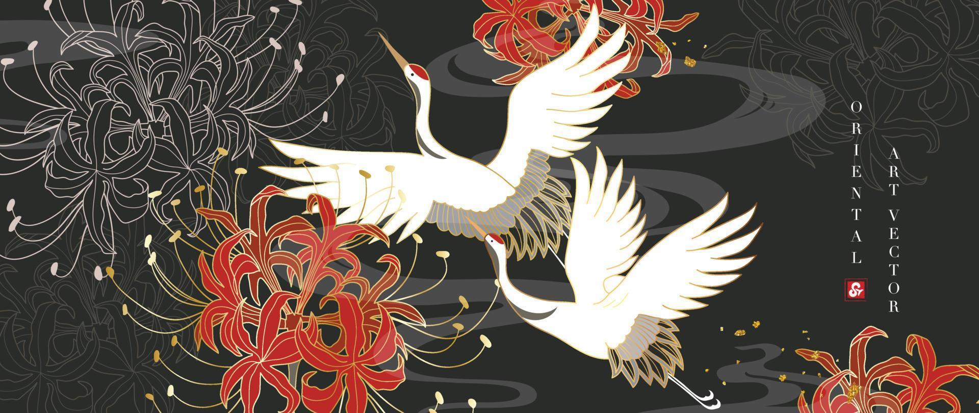 luxe goud oosters stijl achtergrond vector. Chinese en Japans behang patroon ontwerp van elegant kraan vogelstand en bloemen met goud lijn textuur. ontwerp illustratie voor decoratie, muur decor. vector