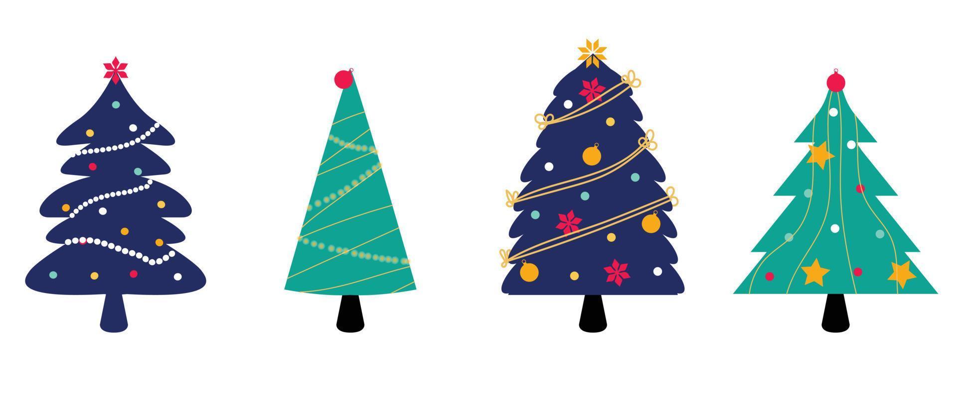 reeks van versierd Kerstmis bomen vector. verzameling van sier- Kerstmis bomen met guirlande, klatergoud, kerstballen, ster Aan wit achtergrond. ontwerp illustratie voor decoratie, kaart, sticker, poster. vector