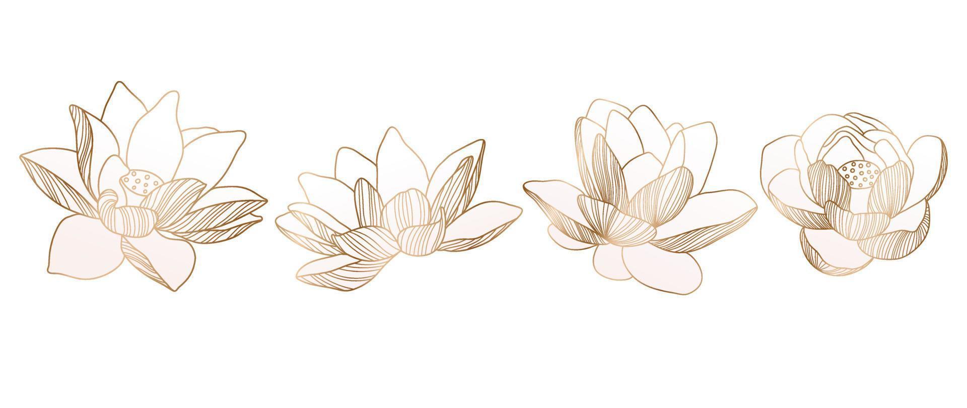 reeks van hand- getrokken lotus lijn kunst. verzameling van helling goud lotus bloemen lijn kunst. ontwerp voor luxe bruiloft uitnodiging, omslag, afdrukken, decoratie, patroon, achtergrond sjabloon. vector illustratie.