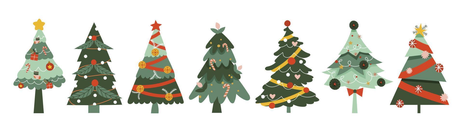 reeks van hand- getrokken decoratief Kerstmis bomen vector illustratie. elementen van sier- ballen, guirlande, ster, kerstballen, hulst, pijnboom bladeren. ontwerp voor kaart, grappig, afdrukken, poster, banier, decoratie.