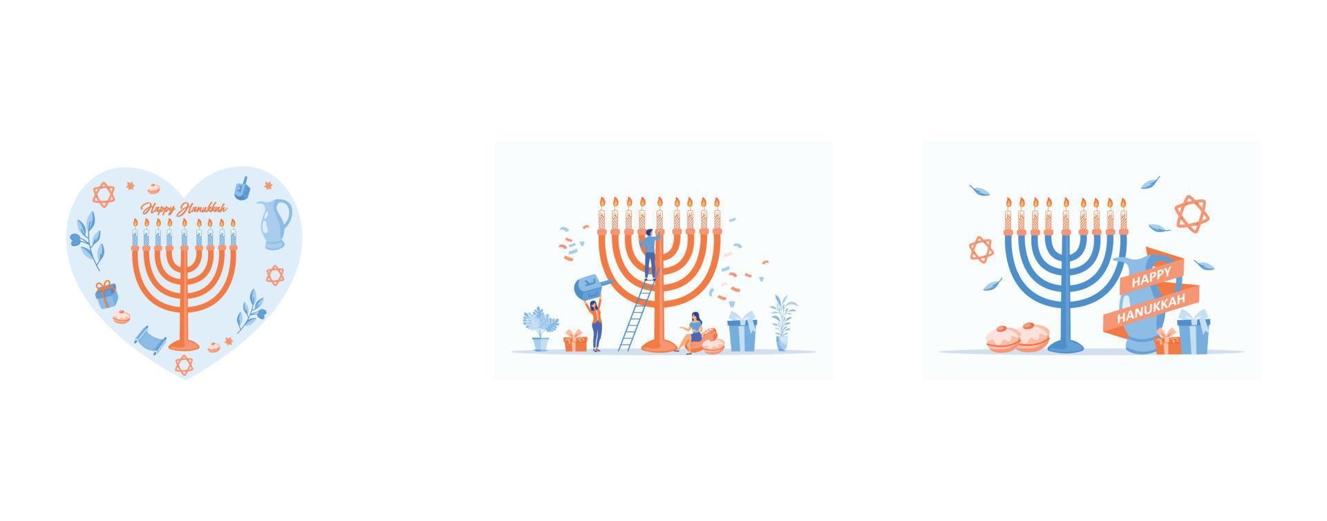 symbolen voor de Joods vakantie Chanoeka, concept van Chanoeka vakantie menora decoratie met gelukkig klein mensen karakter, hand- geschetst gelukkig Chanoeka logo, reeks vlak vector modern illustratie