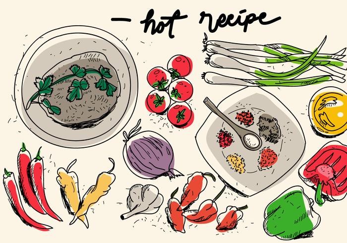 Hot Chili Habanero Recept Hand Gedroogde Vector Achtergrond Illustratie