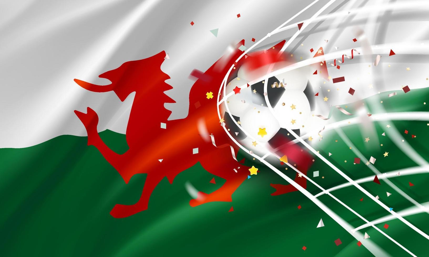 de bal in de voetbal netto. doel vector concept met vlag van Wales. 3d vector banier met vervagen effect