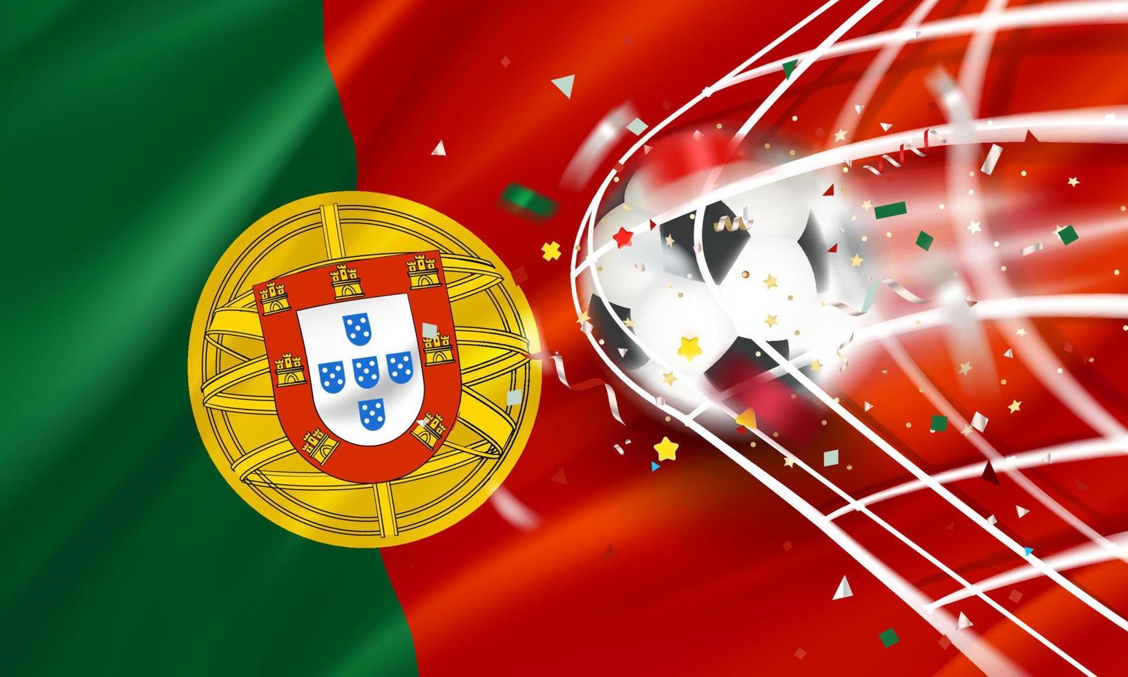 de bal in de voetbal netto. doel vector concept met vlag van Portugal. 3d vector banier met vervagen effect