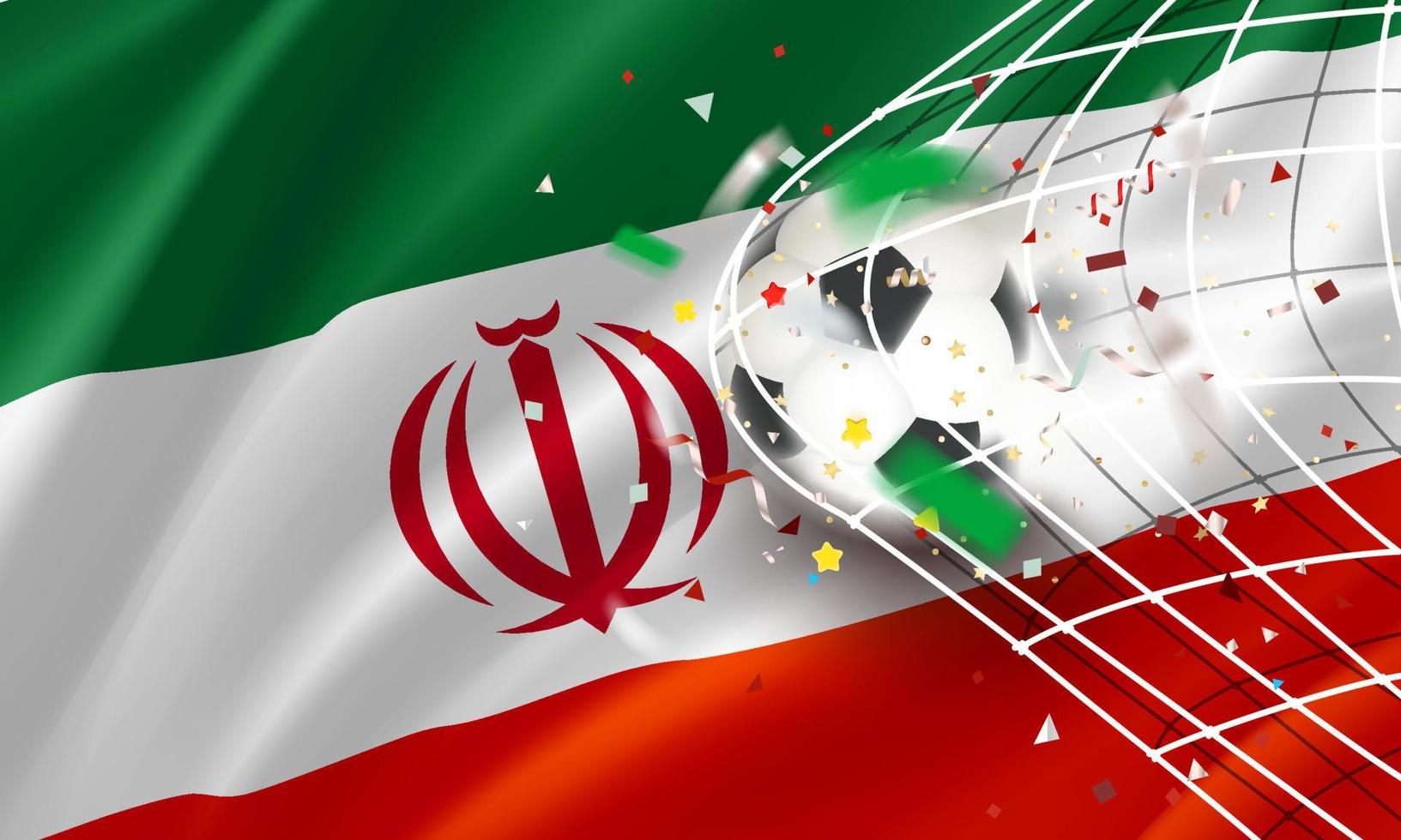 de bal in de voetbal netto. doel vector concept met vlag van iran. 3d vector banier met vervagen effect