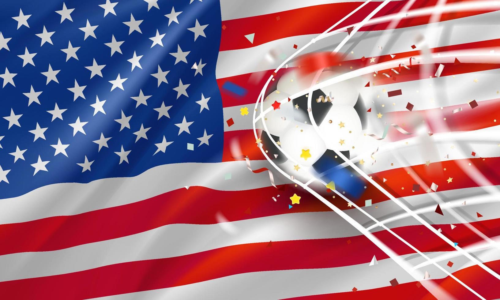 de bal in de voetbal netto. doel vector concept met vlag van Verenigde Staten van Amerika. 3d vector banier met vervagen effect