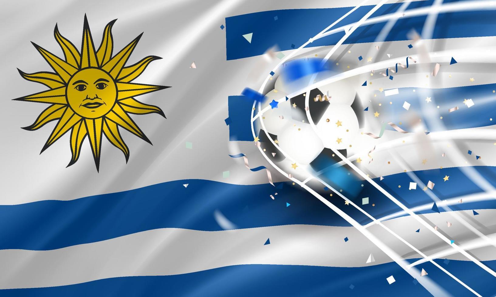 de bal in de voetbal netto. doel vector concept met vlag van Uruguay. 3d vector banier met vervagen effect