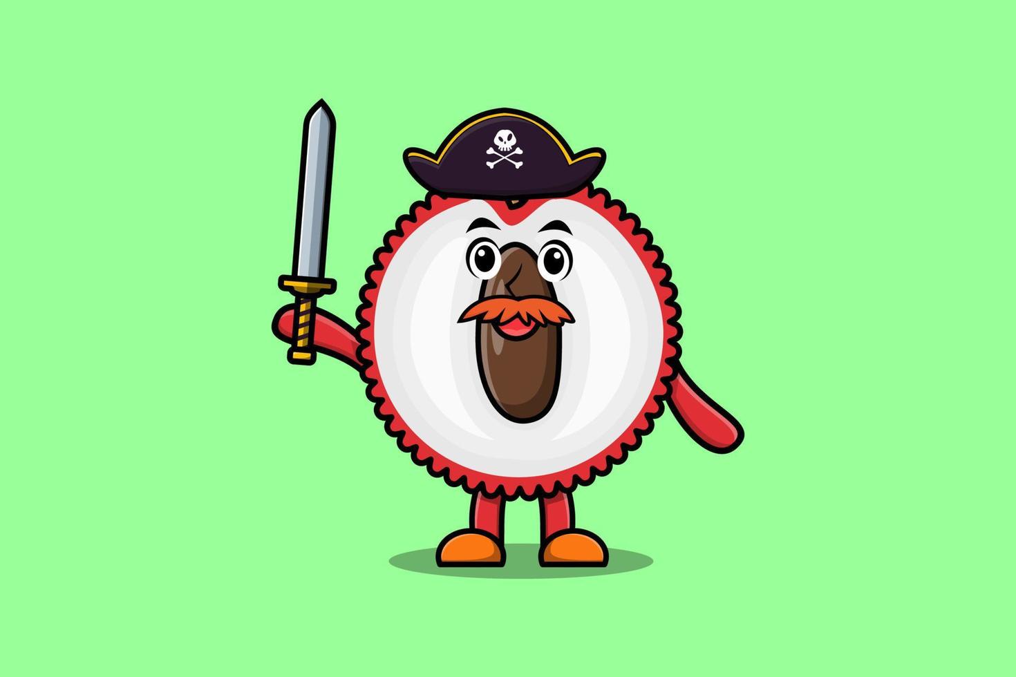 schattig tekenfilm mascotte lychee piraat Holding zwaard vector