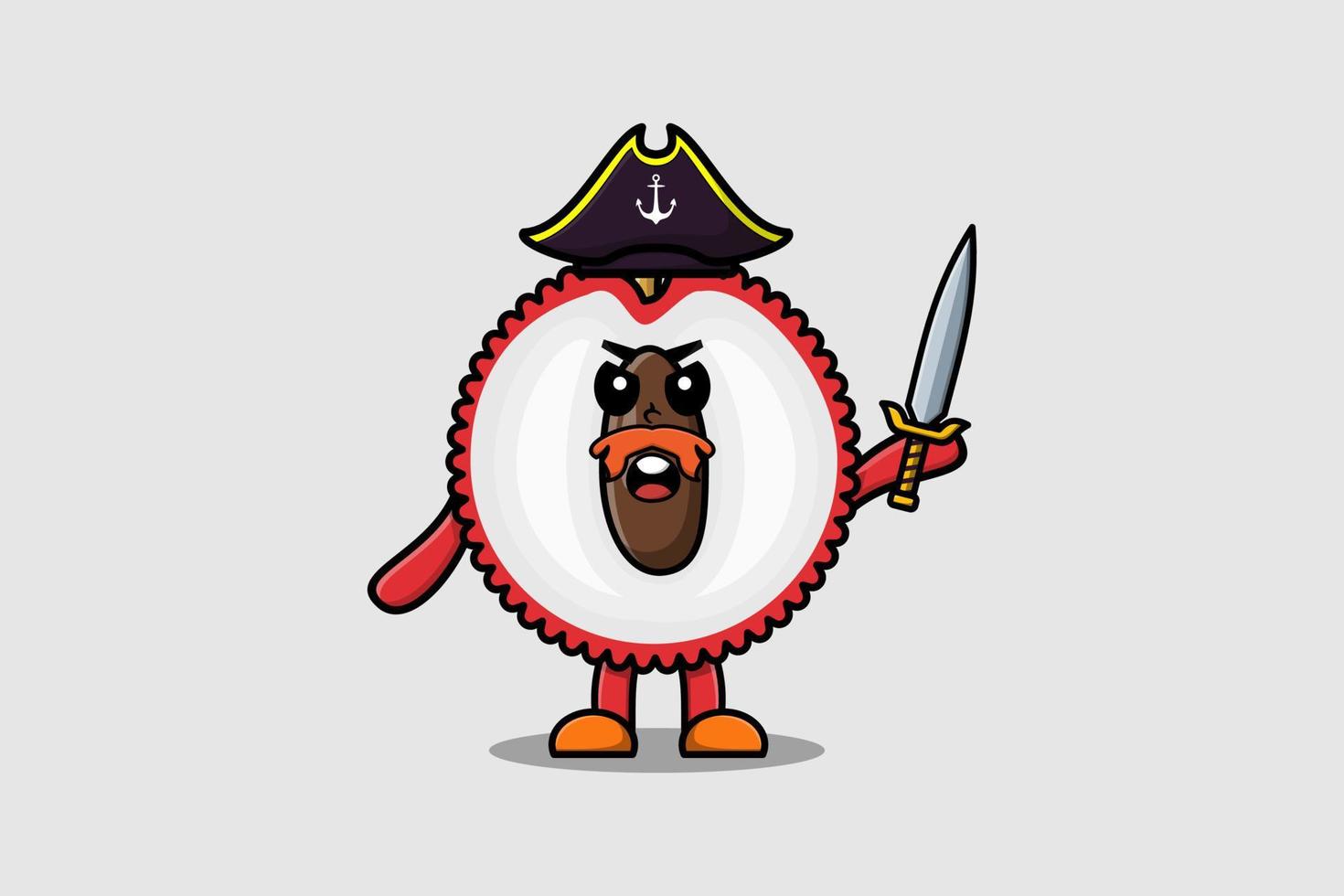 schattig tekenfilm mascotte lychee piraat Holding zwaard vector