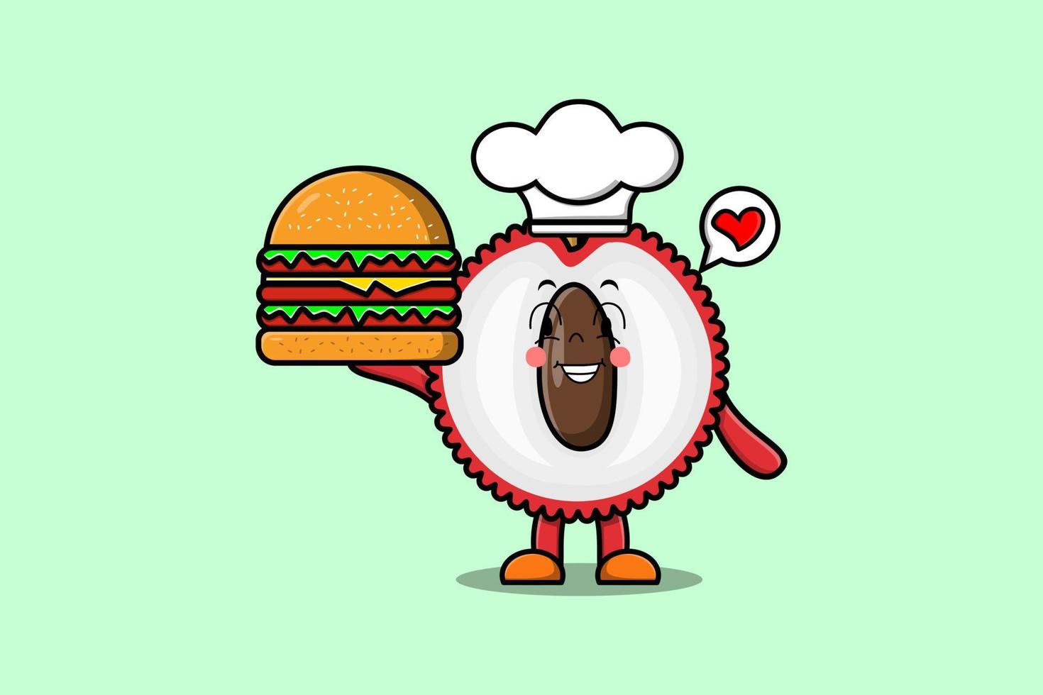 schattig tekenfilm lychee chef karakter Holding hamburger vector