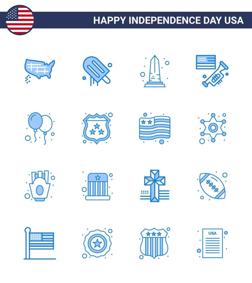 gelukkig onafhankelijkheid dag 4e juli reeks van 16 blues Amerikaans pictogram van ballonnen lofzang mijlpaal spreker Washington bewerkbare Verenigde Staten van Amerika dag vector ontwerp elementen