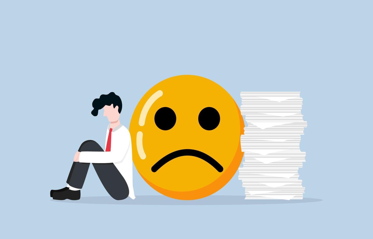 spanning en depressie van overwerk of te veel verantwoordelijkheden, giftig werk omgeving, baan burn-out concept, zakenman gevoel depressief zittend in de buurt negatief emoji en stack van documenten. vector