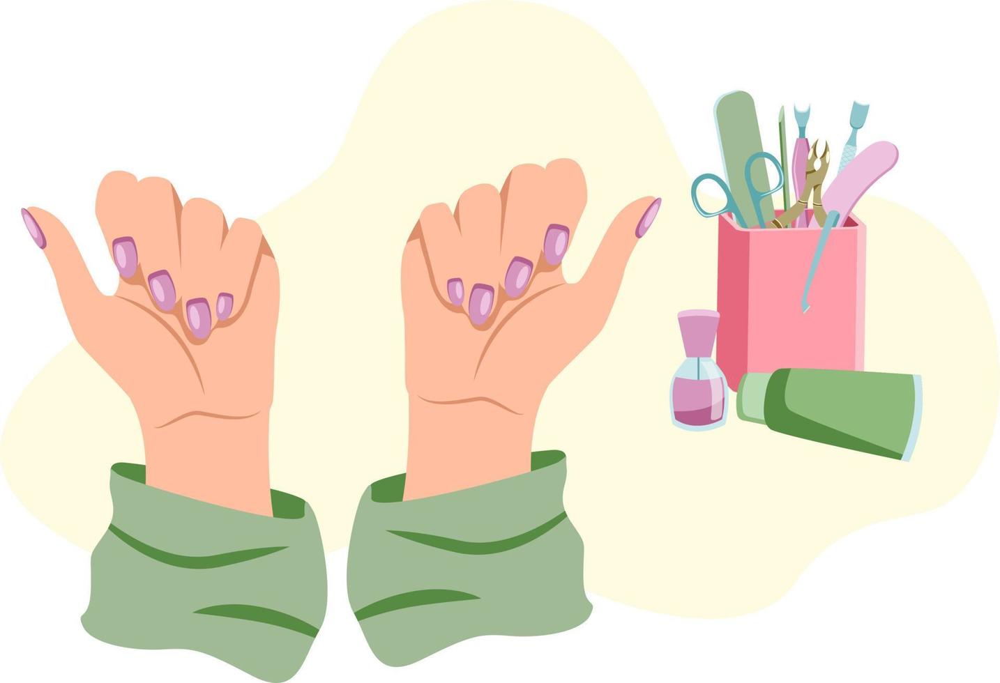 mooi handen van Kaukasisch vrouw tonen uit haar manicure in vlak stijl vector