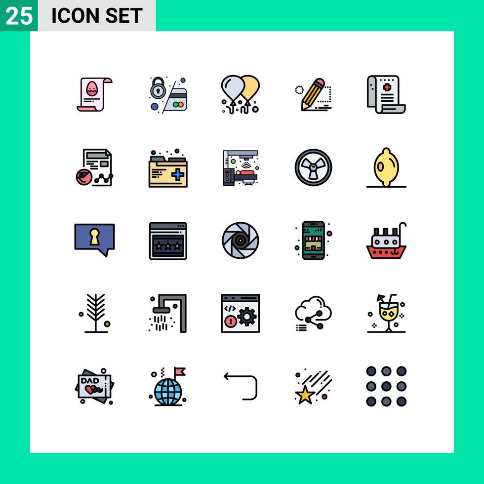25 thematisch vector gevulde lijn vlak kleuren en bewerkbare symbolen van Gezondheid tablet beveiligen schilderij potlood bewerkbare vector ontwerp elementen