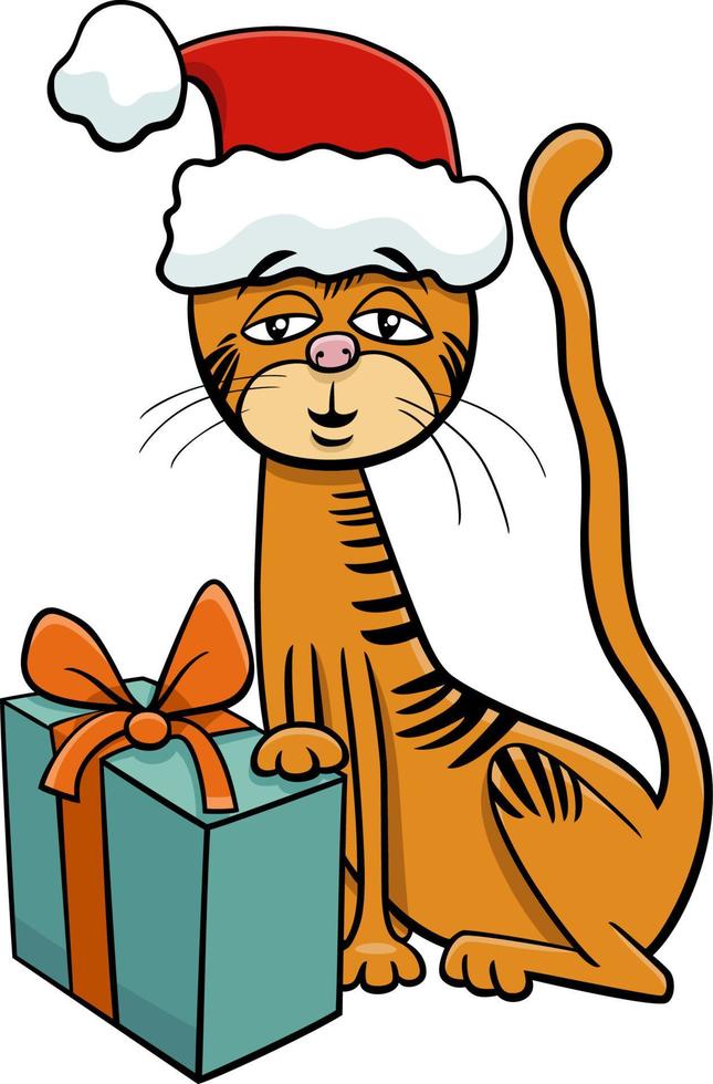 cartoon kat of kitten met cadeau op kersttijd vector