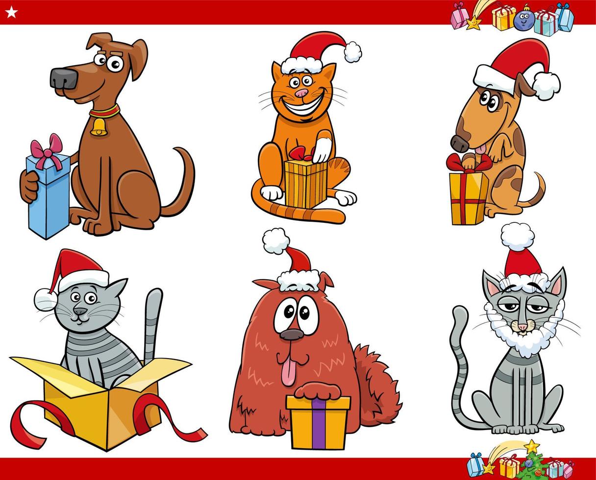 tekenfilm honden en katten met Kerstmis cadeaus reeks vector