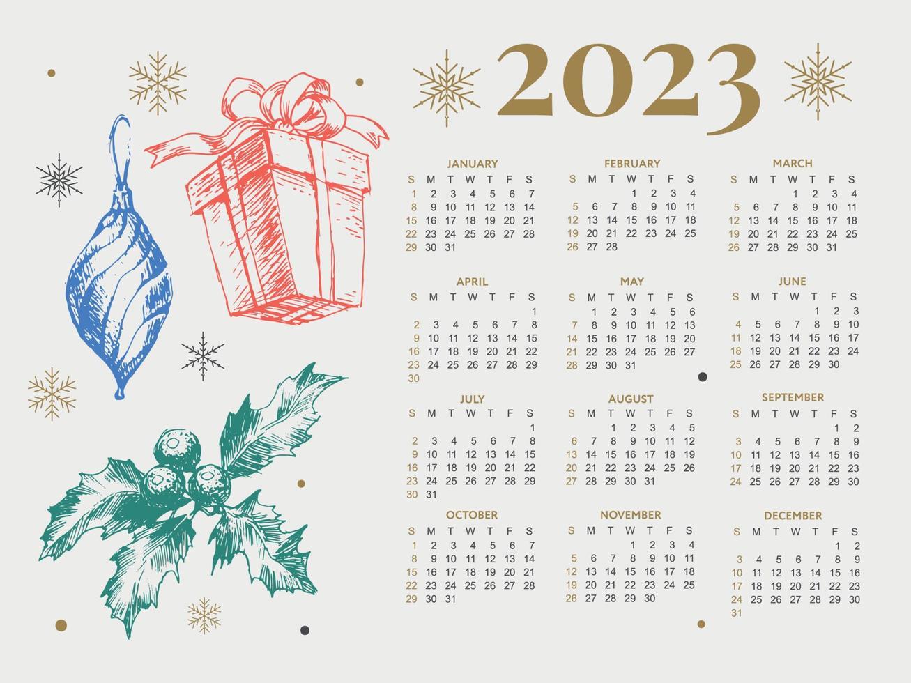 2023 kalender jaar vector illustratie. de week begint Aan zondag. Kerstmis sneeuwvlokken kalender 2023 sjabloon. kalender ontwerp zondag in rood kleuren. vector