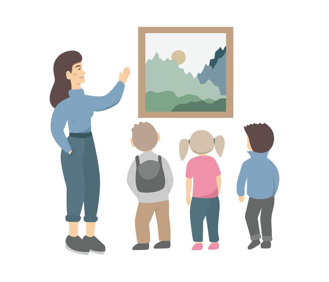 kinderen excursie in een museum, staand Bij afbeelding en luisteren naar gids. gids shows een afbeelding naar kinderen in een museum. vector illustratie voor kunst galerij, cultureel opleiding, tentoonstelling concepten