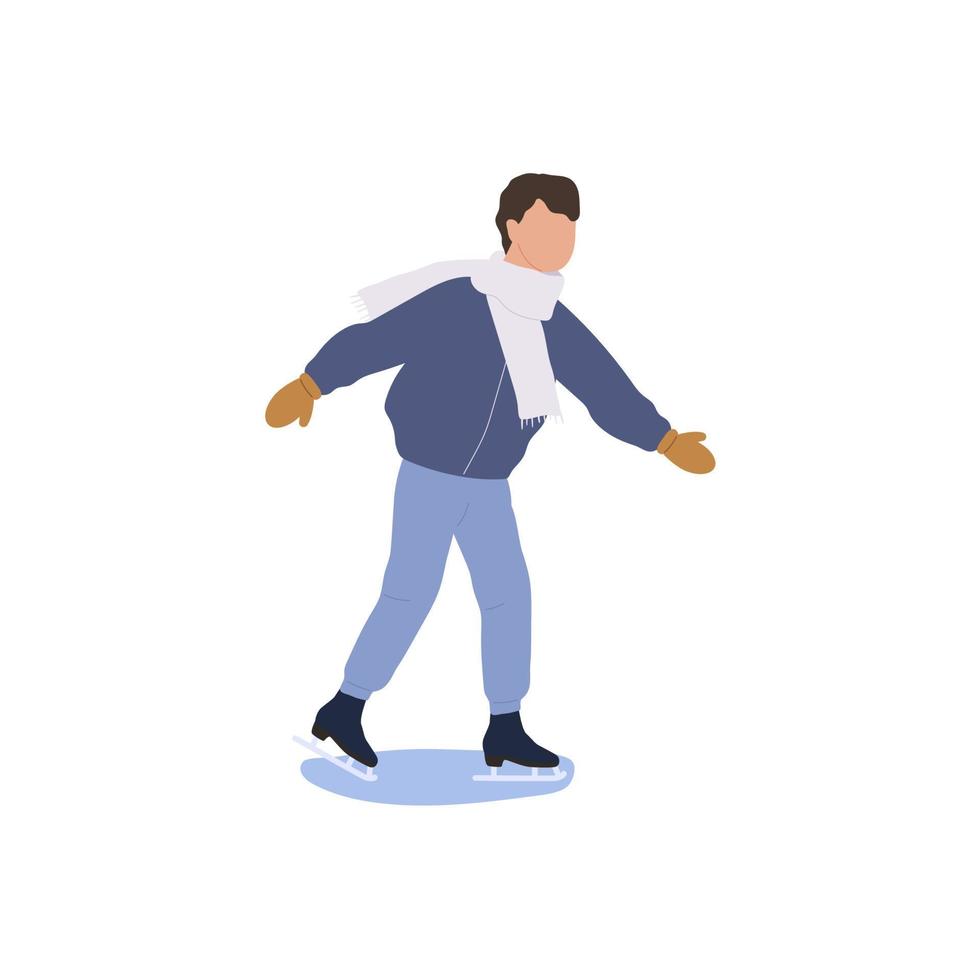 jong Mens het schaatsen Aan buitenshuis ijs baan. jongen uitgeven vrije tijd tijd aan het doen winter sport. vector illustratie geïsoleerd Aan wit achtergrond