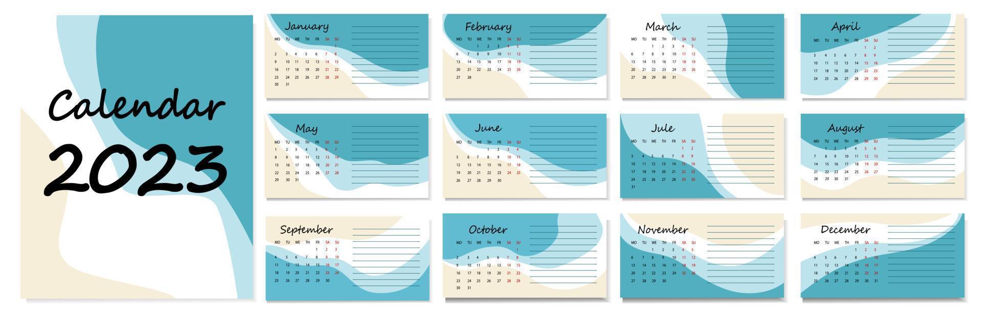 horizontaal vector kalender, abstract ontwerp. kalender voor 2023 Aan een wit achtergrond voor organisaties en ondernemingen. het formulier voor taken. de week begint Aan maandag.