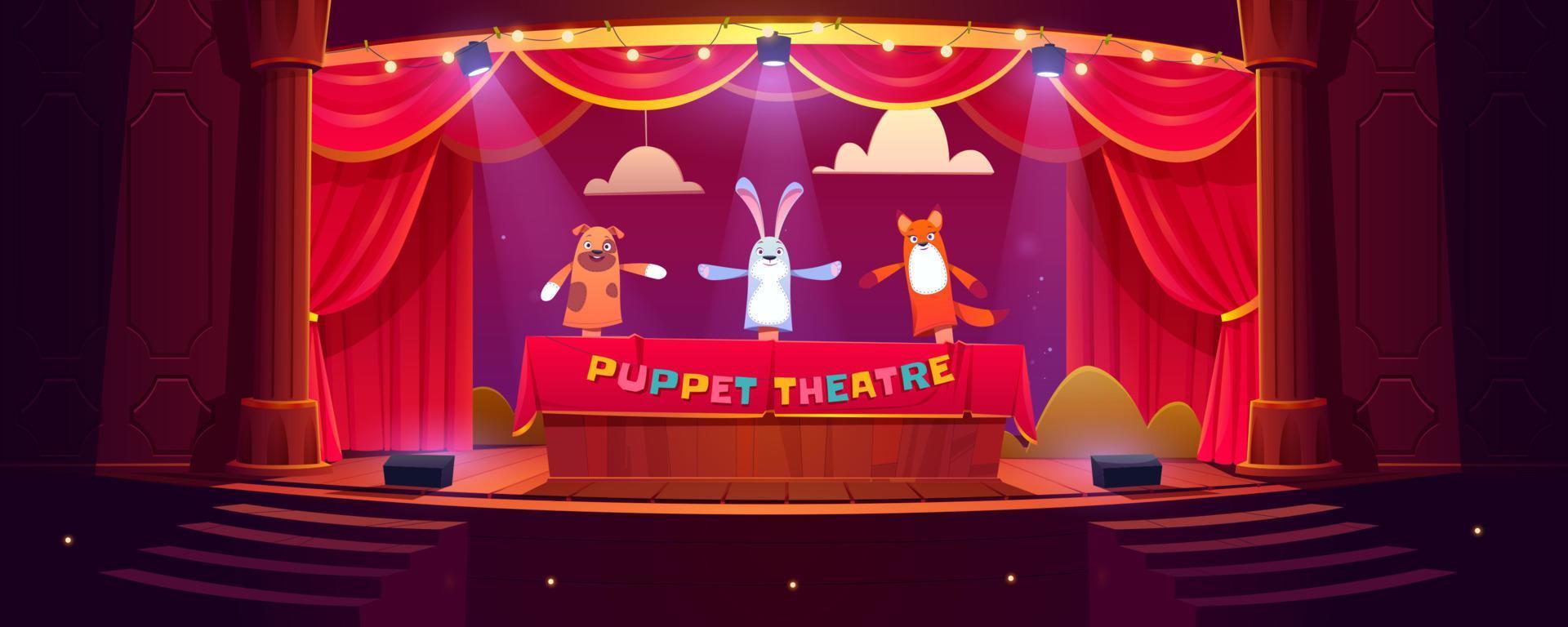marionet theater Aan fase, grappig poppen uitvoeren tonen vector